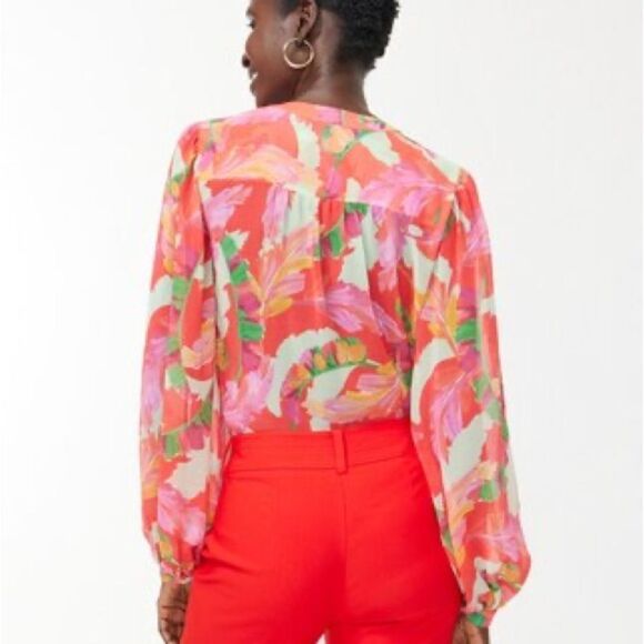 Chicos Georgette Foliage Print LS Blouse Flame Scarlet Size 0.5 NWT in packaging - Picture 3 of 8
